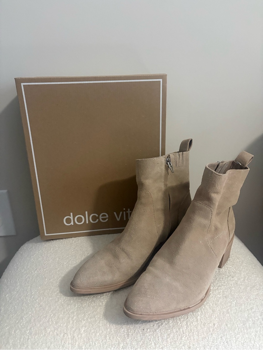 Dolce Vita Beige Suede Ankle Booties with Block Heel
